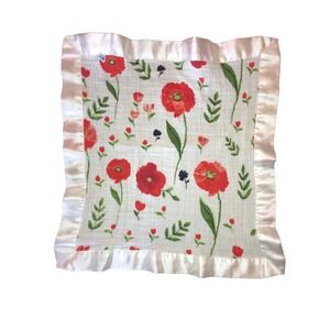 Little Unicorn Muslin Baby Lovey Security Blanket White Red Floral Girl Satin